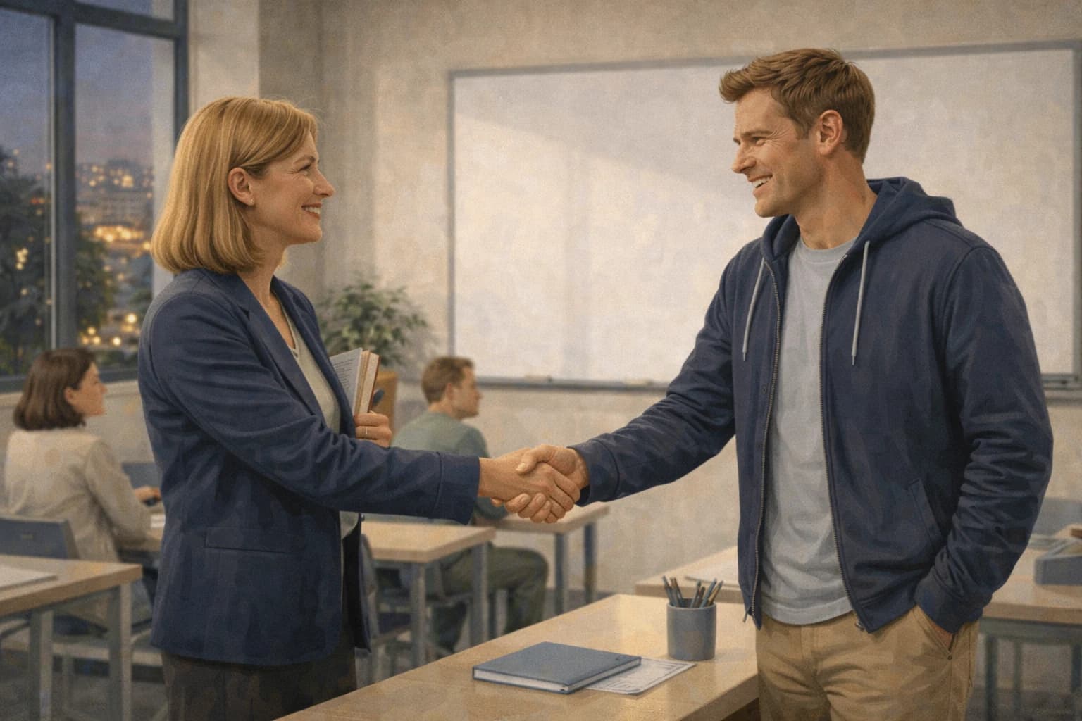 A new adult learner introducing themselves to a teacher at the start of an evening class in Lithuania.