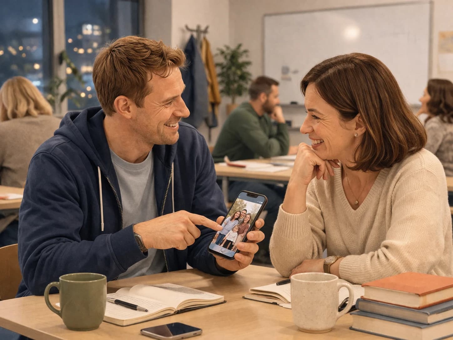 Two adult learners during a class break showing family photos on a phone and talking naturally.