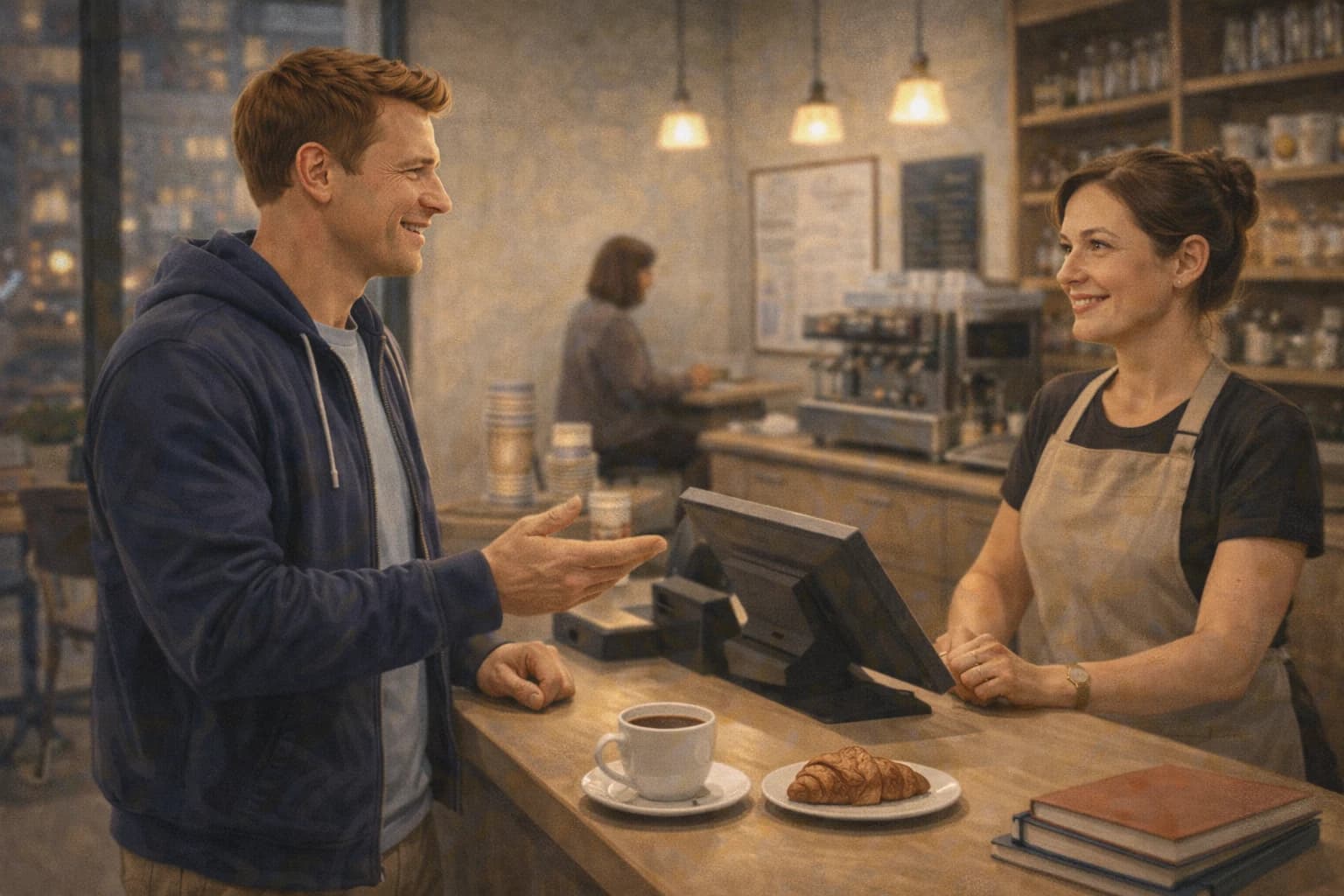 An adult learner placing a simple order at a calm neighborhood cafe in Lithuania.