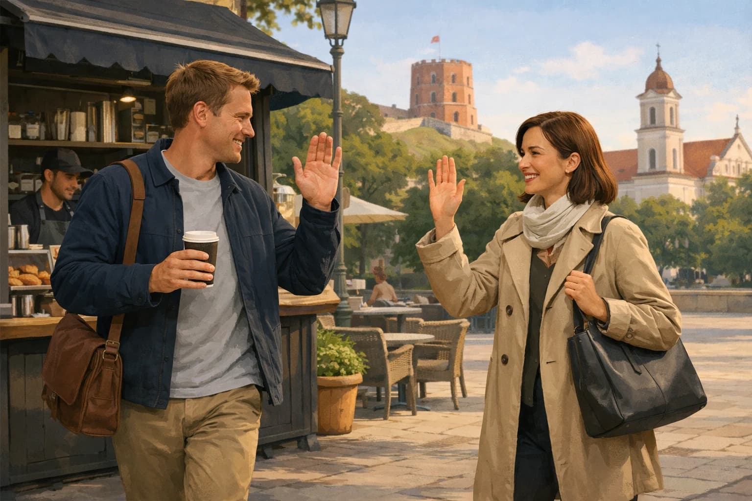 Two adults greeting each other politely near a morning coffee kiosk in Vilnius.