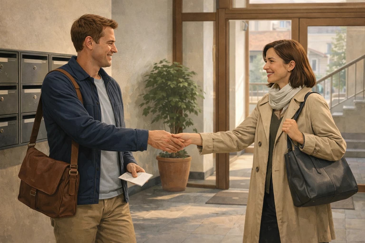 Two adults meeting politely in the lobby of a Lithuanian apartment building.