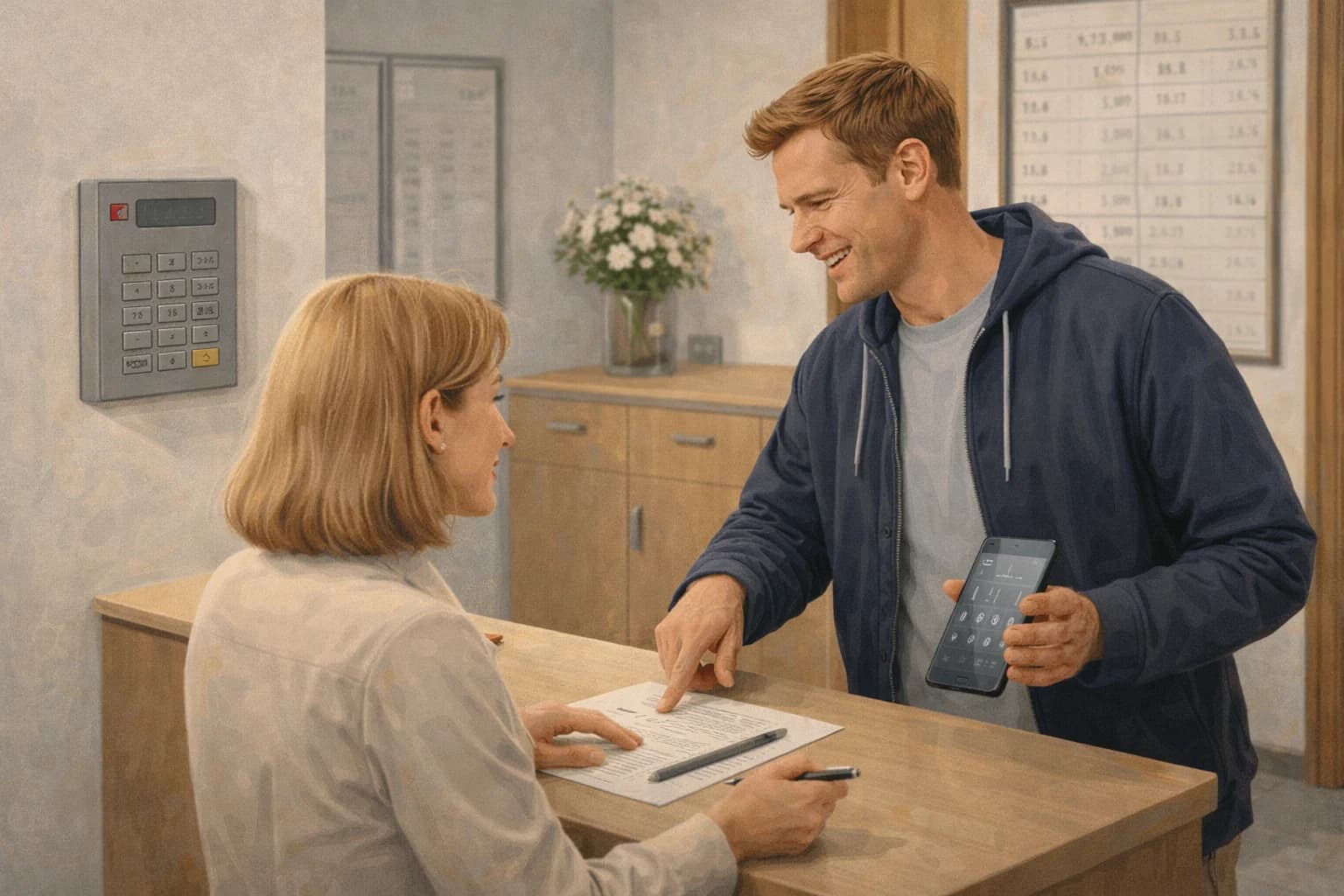 An adult resident confirming an apartment number at a Lithuanian reception desk with subtle numeric cues.