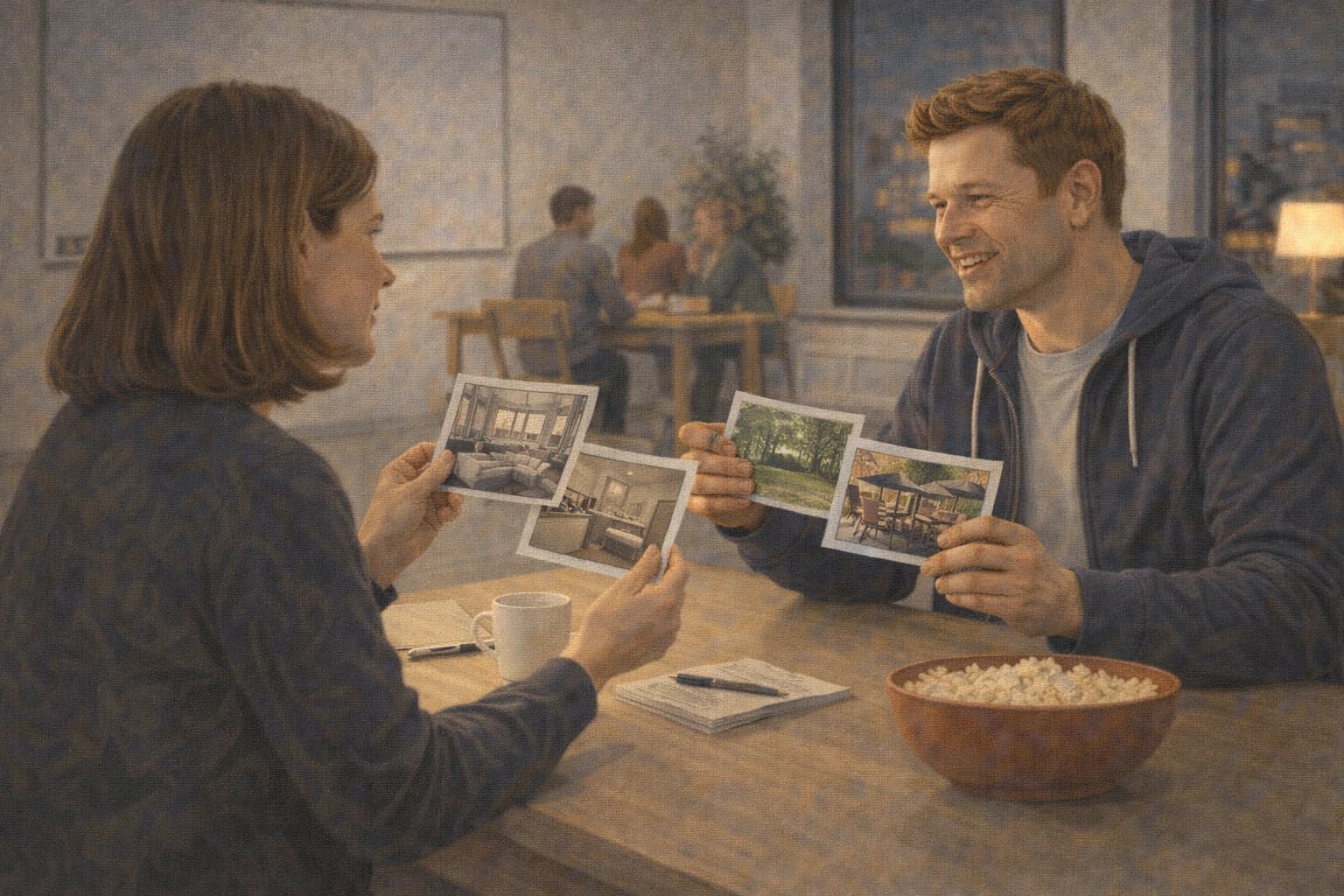 Two adults comparing room, neighborhood, and cafe photos in a Lithuanian community-learning setting.