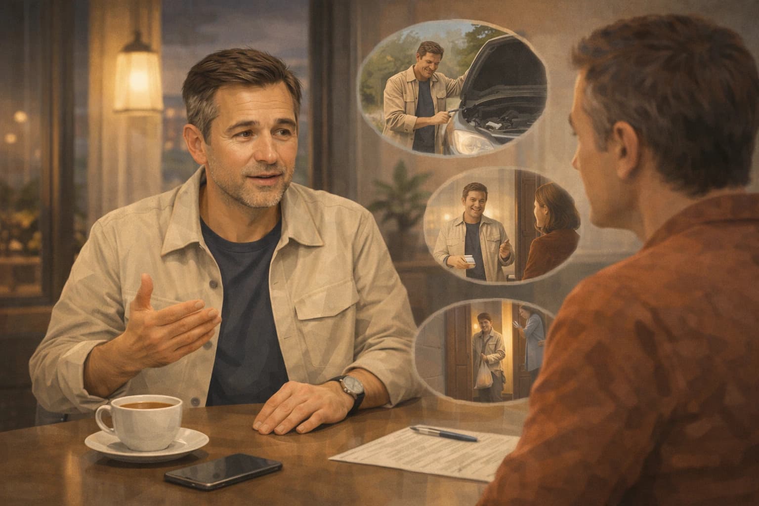 An adult man in Lithuania telling a short connected story in a calm premium cafe or community setting.