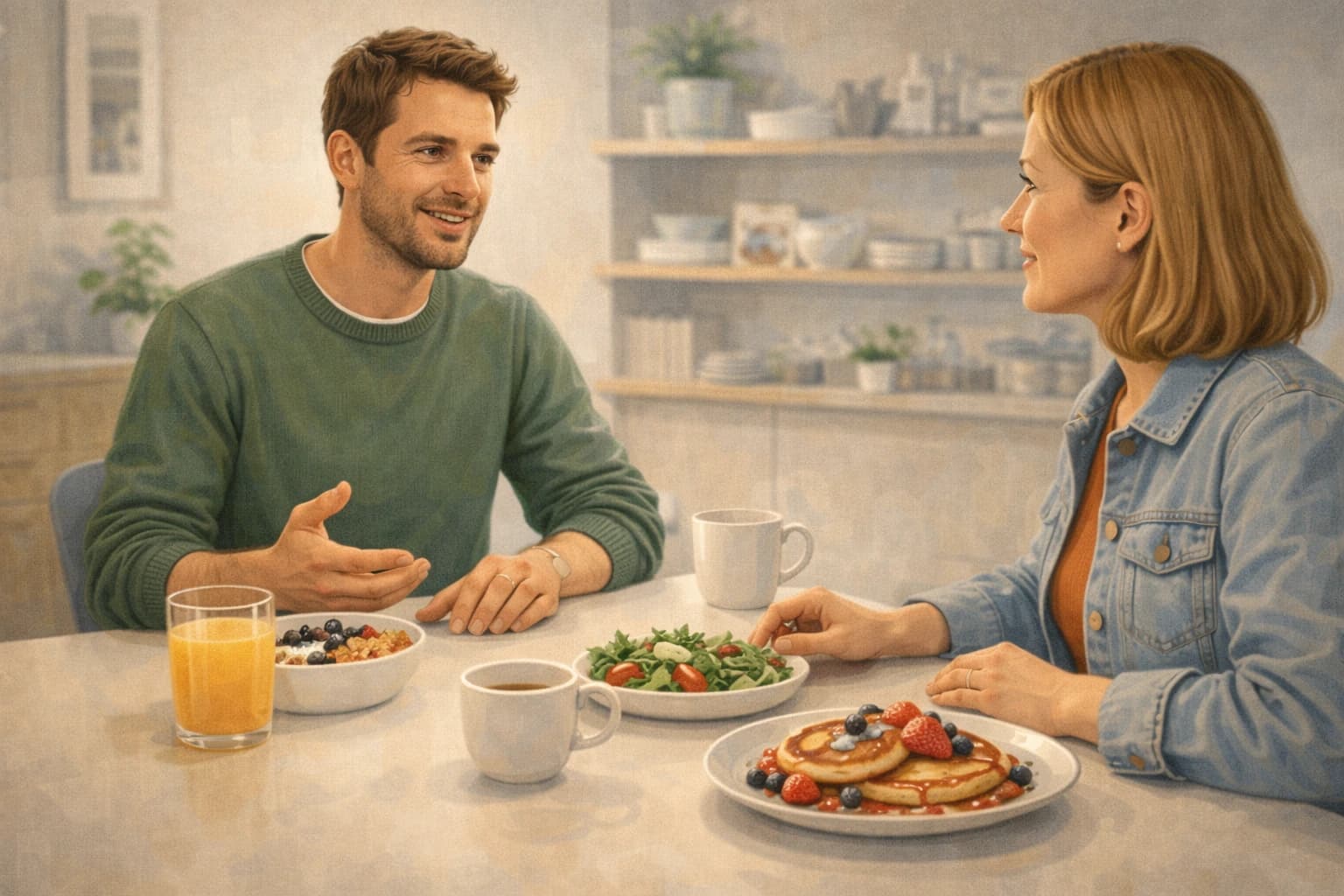 Two adults discussing food habits over a relaxed breakfast or brunch in a modern Lithuanian setting.