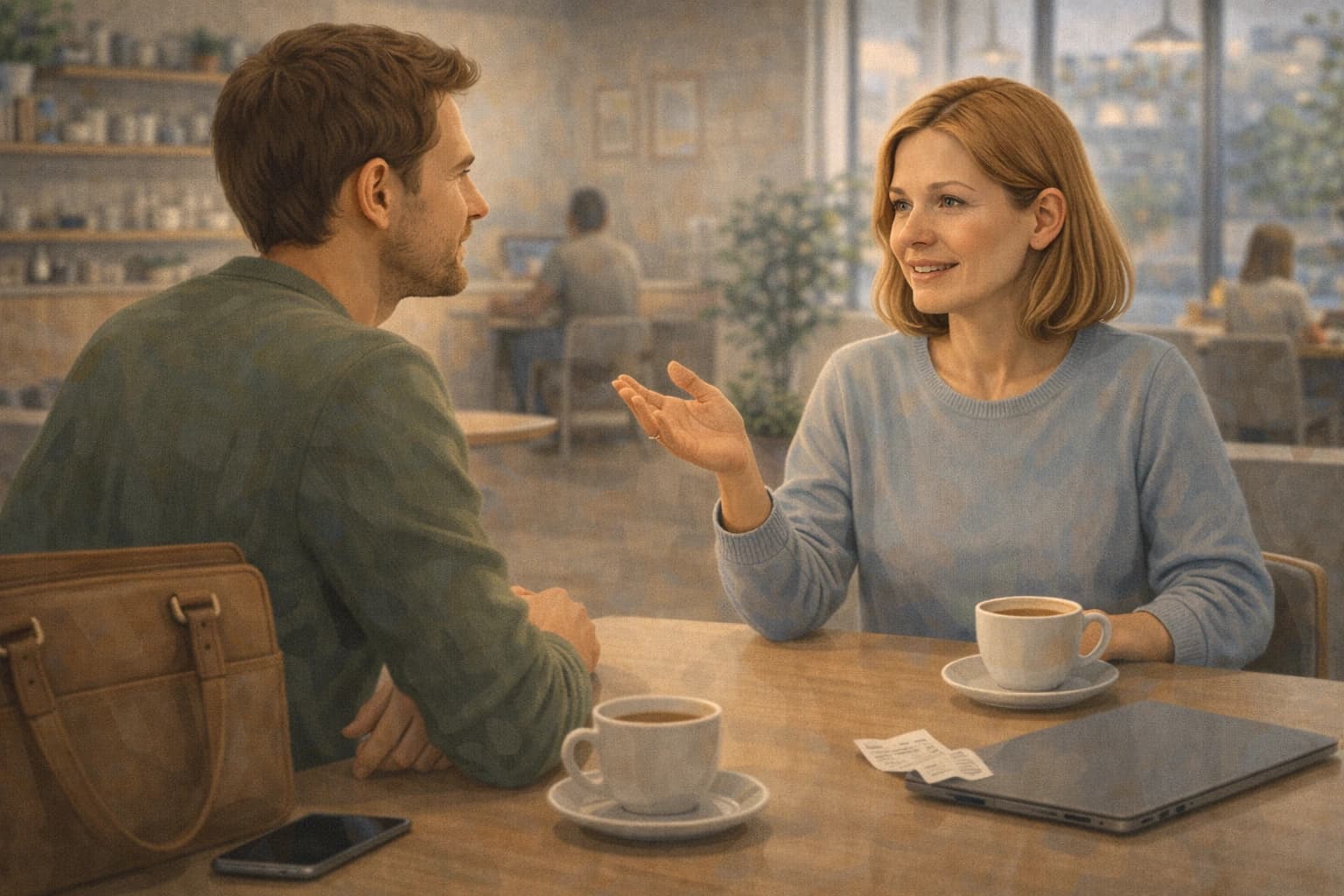 An adult woman the next morning in a calm Lithuanian cafe, recapping yesterday with subtle cues of a completed workday.